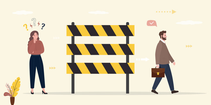 Barrier to business development. Dead end in career. Businesswoman thinking about career ladder, overcoming obstacles. Confident man walking in right way,