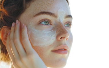 Beautiful female model demonstrating self-care routine by applying organic facial mask at home isolated on transparent background PNG