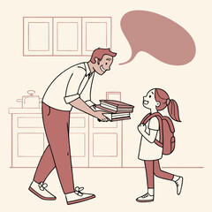 Happy family preparing for school. Little girl with father vector design illustrations