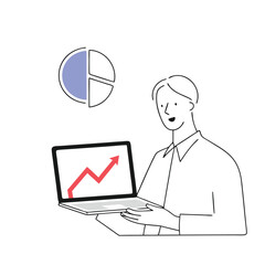 Smiling person shows a laptop with an upward trending arrow near a pie chart