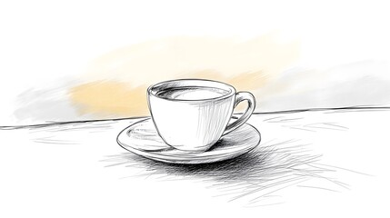 Exquisitely refined minimalist vector illustration of a quiet morning coffee drawing session featuring gentle sketching techniques and subtle art details