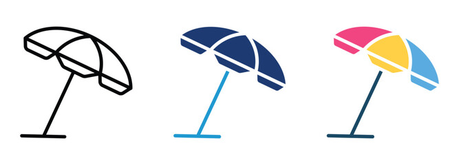 Set of Beach umbrella  icon in outline , silhouette and glyph style , stock vector . 