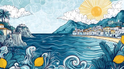 Exquisite Hand-drawn Doodle Style Sicilian Coastal Illustration Incorporating Vibrant Vector Ink Details and Playful Lemon Motifs for a Relaxing Summer Vacation Theme