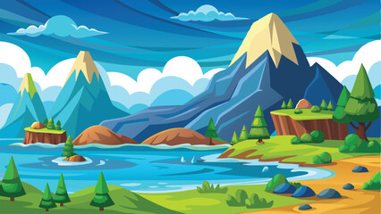 Obraz premium Cartoon Landscape with Mountains, Trees, Water, and Beach in a Vivid Style