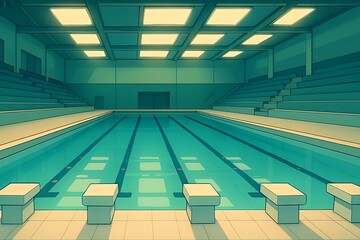 Artistic indoor pool with bright lighting, empty bleachers, and visible lane markers, capturing a competition ready setting, swimming lanes background