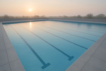 Peaceful morning by the pool with calm water and lane dividers, sunlight reflecting on the water surface, swimming lanes background