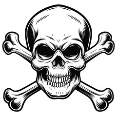 Monochrome Skull and Crossbones Illustration Graphic for Tattoo Designs and Pirate Imagery Depictions, with a Vintage Style