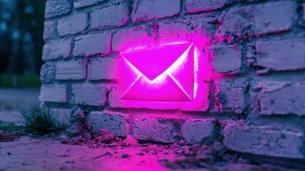 A glowing neon pink envelope icon is embedded in a worn brick wall, symbolizing digital communication in an urban, gritty setting. - Powered by Adobe