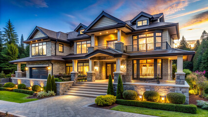 Elegant modern farmhouse luxury home exterior at twilight features rustic wood accents, stone columns, and expansive illuminated porch surrounds.