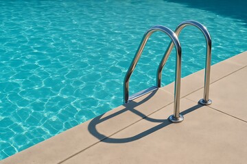 Serene and Inviting Pool Ladder Leading Into Crystal Clear Water, Capturing the Calm Beauty of a Sunlit Swimming Pool with Clear Blue Skies Above