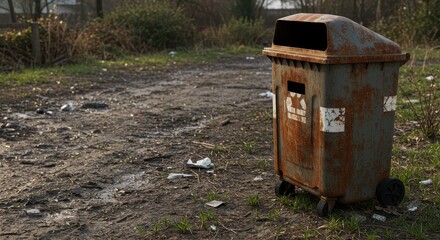Rusty Bin Near Muddy Path Reflecting Environmental Neglect - A rusty recycling bin sits near a muddy path, symbolizing pollution, environmental degradation, litter, neglect, and urban decay