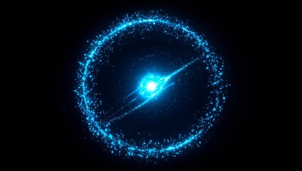 Obraz premium A bright blue energy burst explodes outward in a circular frame, surrounded by glowing particles and streaks of light, representing a futuristic digital effect or sci-fi concept in motion design.