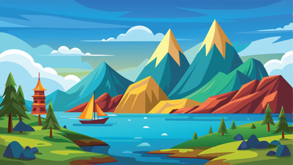 Vibrant Cartoon Landscape with Mountains, Lake, Sailboat, and Pagoda Art Illustration