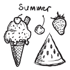 Ice cream with cherry, watermelon and strawberry as a symbol of summer in black brush stroke texture isolated on white. Hand drawn vector sketch illustration in vintage charcoal ink