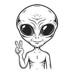 Monochrome Alien with Oversized Head Peacefully Showing Victory Sign for Harmony in Extraterrestrial Encounter Illustration