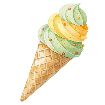Colorful watercolor ice cream cone with pastel green and yellow swirls perfect for summer desserts