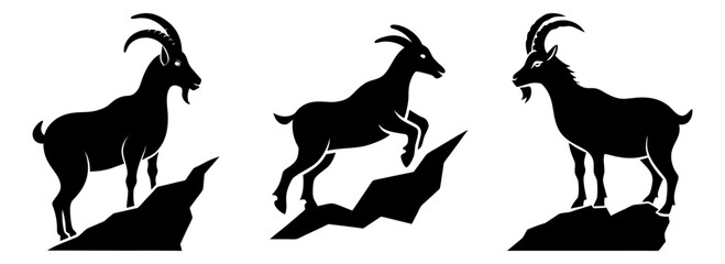 Silhouette set of alpine goats on rocks mountain animal wildlife art