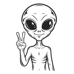 Monochrome Alien with a Big Head and a Peace Sign is Promoting Goodwill and Interstellar Harmony Among the Planets