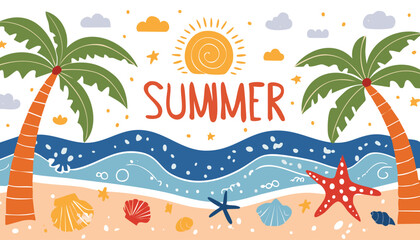 Obraz premium colorful Hand drawn summer vintage icon set. Palm tree, sun and sea, seashells, coral, in doodle sketch style. Drawing ink. Italian concept, ocean, vacation and travel. Vector.children, doodle, palm