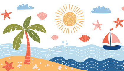 colorful Hand drawn summer vintage icon set. Palm tree, sun and sea, seashells, coral, in doodle sketch style. Drawing ink. Italian concept, ocean, vacation and travel. Vector.children, doodle, palm