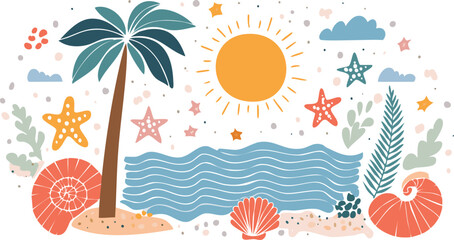 colorful Hand drawn summer vintage icon set. Palm tree, sun and sea, seashells, coral, in doodle sketch style. Drawing ink. Italian concept, ocean, vacation and travel. Vector.children, doodle, palm
