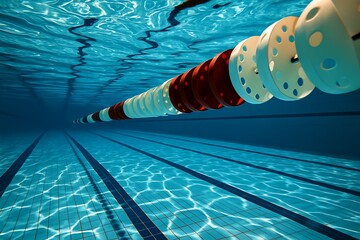 red and white buoy markers in an indoor swimming pool with clear, shimmering water Tranquil, clean environment for swimming and exercise swimming lanes Background