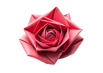 Exquisitely Folded Pink Origami Rose Artistically Isolated on a Pristine White Background, Symbolizing Love and Delicate Craftsmanship.