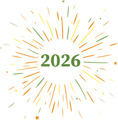 Colorful fireworks 2026 Happy New Year, composition isolated. Vector graphic line ink illustration. Abstract geometric design. Concept for holiday greeting card, poster, banner, flyer.