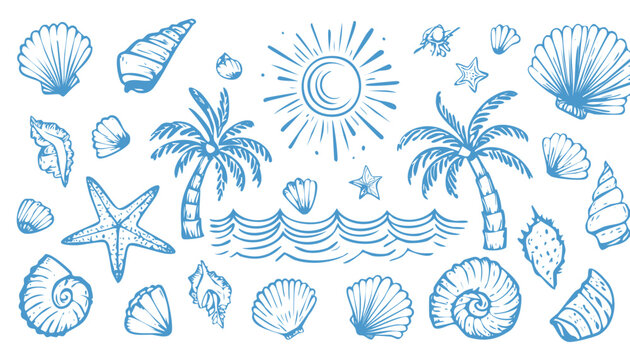Summer boho vintage icon set. Hand drawn palm tree, sun and sea, seashells, coral, crab in naive groovy style. Tropical surf club concept, vacation and travel. Vector collage.club, collage, doodle, 