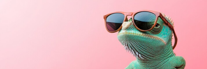 Colorful lizard wearing stylish sunglasses poses confidently against a vibrant pink background, showcasing a playful and trendy atmosphere with a touch of humor and charm
