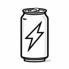 Single vector icon in black and white of a small can with a bold lightning bolt, symbolizing energy drink, clean line art, no background