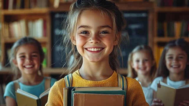 A cheerful young girl in a yellow sweater, holding a stack of books, stands in a library with other children.  Warm lighting and a focused shot on the central figure, with other children smiling in