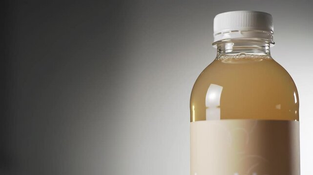 Clear bottle filled with light brown liquid, blank label mockup