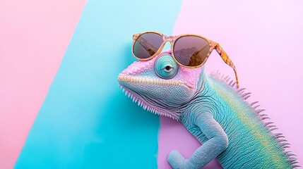 Colorful chameleon wearing stylish sunglasses, resting against a vibrant pastel background, showcasing unique textures and playful atmosphere in a whimsical setting