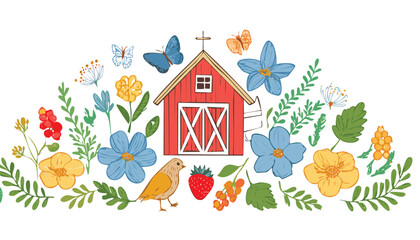 Vintage hand drawn cute cottagecore elements in sketch style. Line art. Flowers, bows, barn, goose, strawberry, butterfly. Gardening and country lifestyle. Vector.children, doodle, daisy, illustration