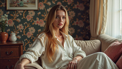 Fototapeta premium Relaxed young woman resting at home on sofa in cozy interior