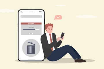 User cleaning phone or documents to waste bin smartphone. Male character delete junk files, documents and clean mobile phone. Process of cleaning cellphone, from trash files.