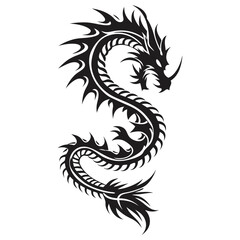 Mystical Black Dragon Tattoo Design Illustration Featuring Intricate Scales, Horns, and a Curving Tail, Symbolizing Power and Transformation