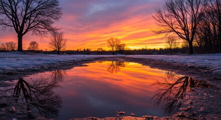 Obraz premium Sunset Reflection in Winter Puddle - Serene winter landscape, vibrant sunset reflected in a frozen puddle, symbolizes tranquility, beauty, nature's artistry, fleeting moments, and hope