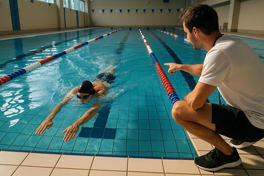 Coach giving instructions to swimmer during practice, focusing on glide technique in indoor swimming pool, swimmer performing front crawl, swimming lanes background - Powered by Adobe