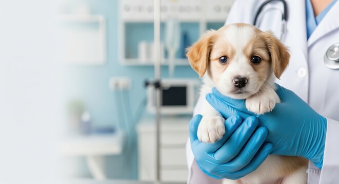 Close-up of a puppy in a veterinarian’s hands with gloves. Left copy space. Medical room background. Ideal for pet care and vet clinic banners