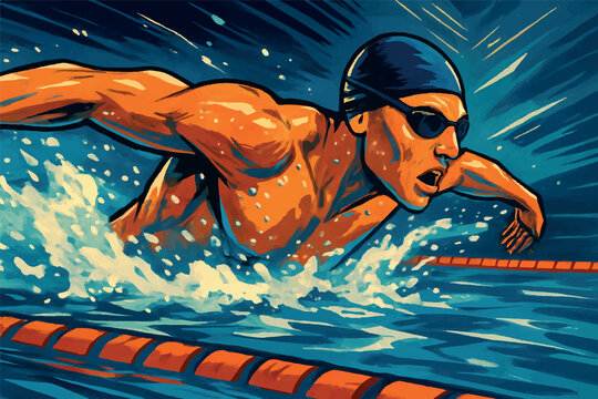 Dynamic swimmer in the butterfly stroke showcasing strength, agility, and speed in a vivid digital art style, with intense blue and orange tones, swimming lanes icon set