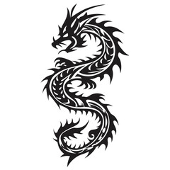 Naklejka premium Black Tribal Dragon Tattoo Design Curving Elegantly Downward with Spikes, Scales, and Fierce Expression Symbolizing Power and Mystique