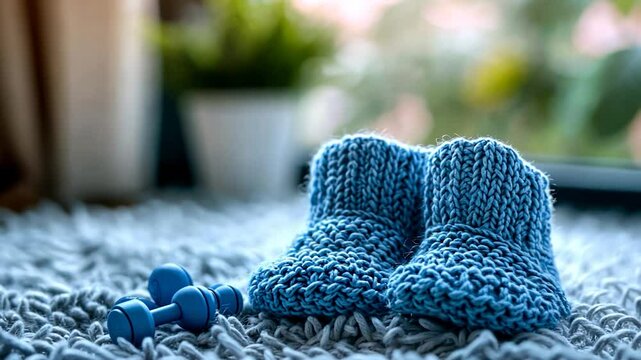 Pair of knitted baby booties in a light-blue color, placed on a gray textured rug. Small blue dumbbells are next to the booties. Blurred background with natural light, houseplants and a window