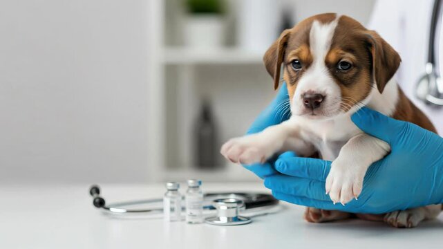 Collection of Footage "Close-up of a puppy in a veterinarian’s hands with gloves. Left copy space. Medical room background. Ideal for pet care and vet clinic banners"