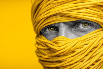 Black and white adult man with intense gaze wrapped in bright yellow spaghetti strands against monochrome yellow background. Concept of surreal art, abstract identity, and creative food symbolism.