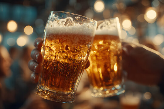 Cold glasses of beer in a bar. International beer day. - Powered by Adobe