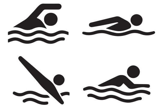 Collection of swimming motion glyphs showcasing various strokes and swimming techniques, ideal for sports related designs, swimming lanes icon set