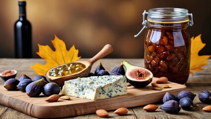 Rustic wooden board with blue cheese wedge, jar of fig jam, marinated olives and roasted almonds, homemade wine bottle, autumn leaves decor.