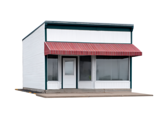 Empty storefront with red awning on concrete lot on transparent background, PNG